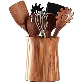 LOHONER Wooden Utensil Holder for Countertop, 360&deg; Rotating Kitchen Utensil Holder, 7.2"x 6" Large Acacia Wood Crock, Farmhouse Kitchen Decor
