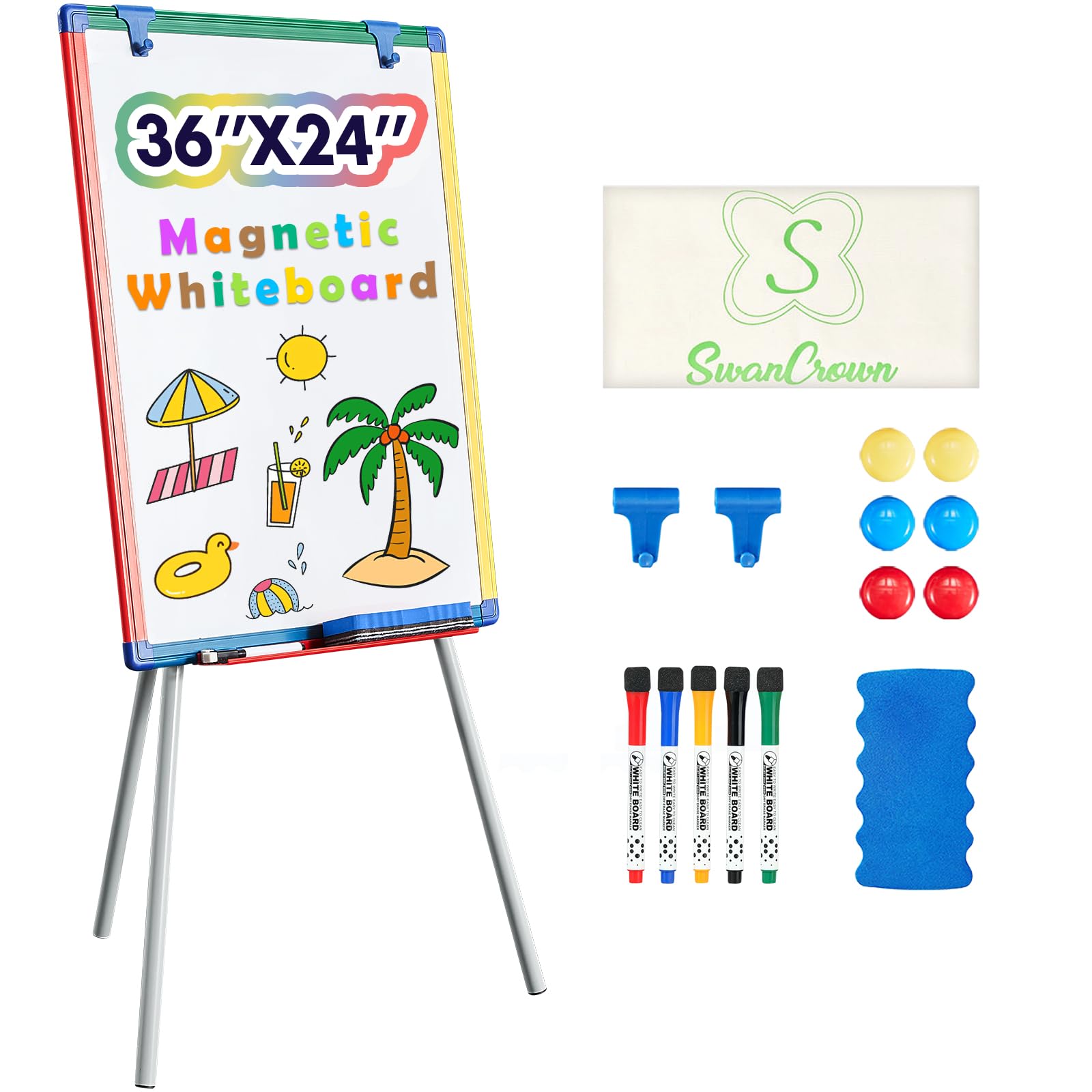SWANCROWN Portable Whiteboard with Stand 90x60cm, Teaching Easel for Classroom Home School, Colorful Aluminum Frame, Foldable&Height Adjustable โ image 1
