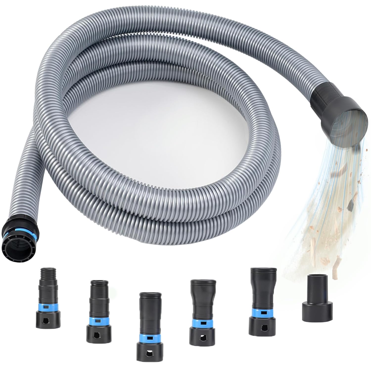 Photo 1 of 16FT Shop Vac Hose Dust Collection Hose for Home & Shop Vacuum System with 6 Adapters of Woodworking Power Tool and Sander, Compatible with Multi-Brands, Silver Gray Vacuum Hose
