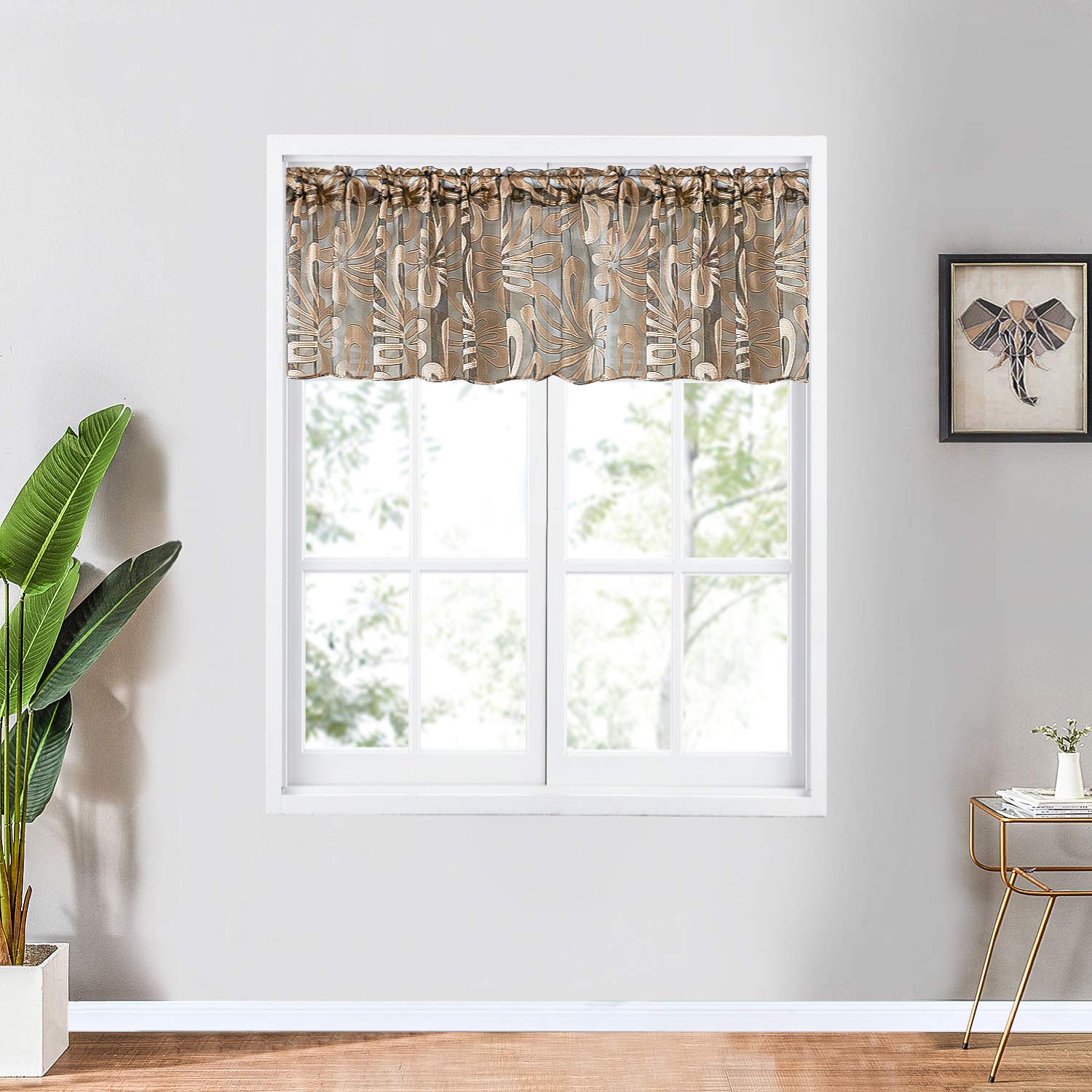 Yokistg Floral Sheer Kitchen Curtains Valance 18 Inch Length Voile Small Window Curtains For Basement Bathroom Cafe Brown 2 Panels