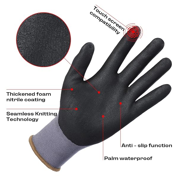 JDL WORK GLOVES WITH MICRO FOAM NITRILE COATED, TOUCH SCREEN COMPATIBLE,SEAMLESS KNIT NYLON SAFETY GLOVES FOR MEN AND WOMEN,HOME IMPROVEMENT,IDEAL FOR LIGHT DUTY WORK,12 PAIRS GRAY X-LARGE