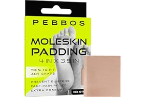 Pebbos Moleskin Padding - 15 Strips - 4in x 3.5" - Blister Prevention for Foot, Toe & Heel | Water Resistant & Hypoallergenic | Thin Mole Skin Padding Sheets for Running, Hiking, Walking
