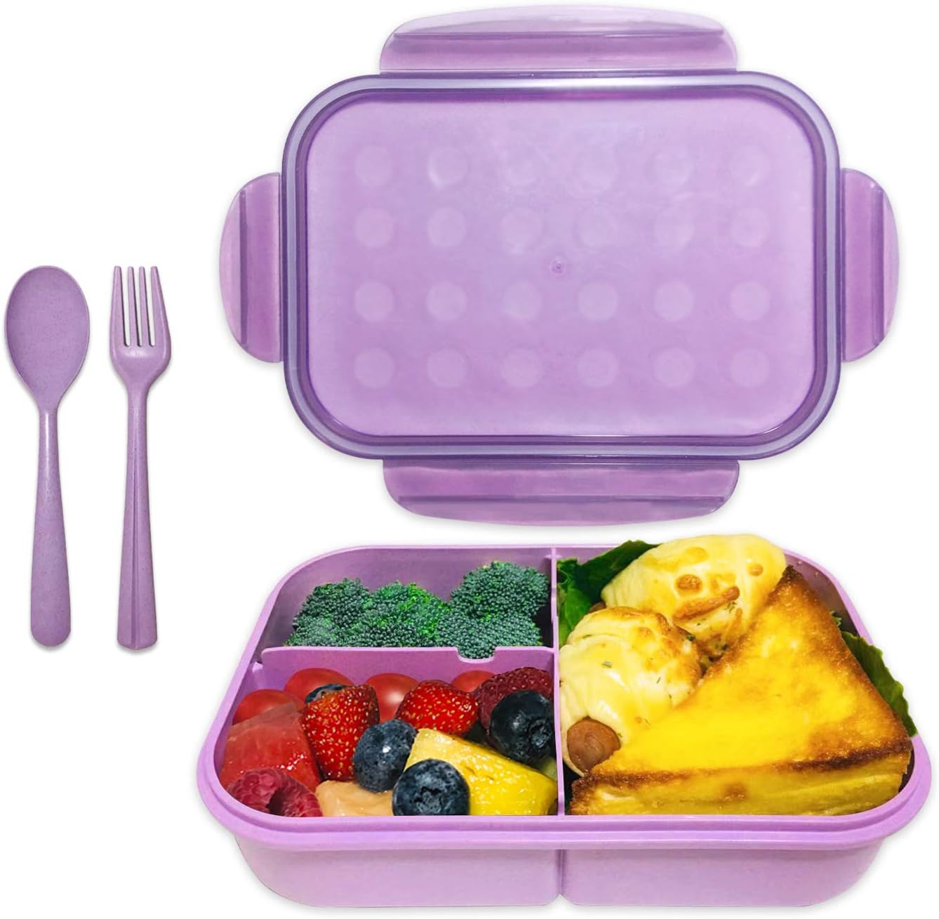 Bento Box, ASYH Leak Proof 3 Compartment Lunch Box Reusable Lunch Dinner Containers with Fork Spoon for Adults Kids School Office Food Grade BPA Free Microwave Safe (Purple-1150ML)