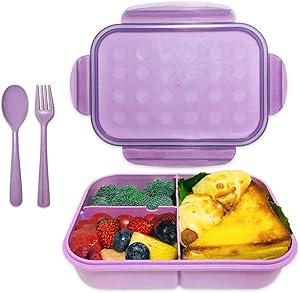 Bento Box, ASYH Leak Proof 3 Compartment Lunch Box Reusable Lunch Dinner Containers with Fork Spoon for Adults Kids School Office Food Grade BPA Free Microwave Safe (Purple-1150ML)