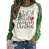 Susongeth Just A Girl Who Loves Christmas Tree Sweatshirt Shirts for Women Xmas Splicing Long Sleeve Pullover Shirt Top