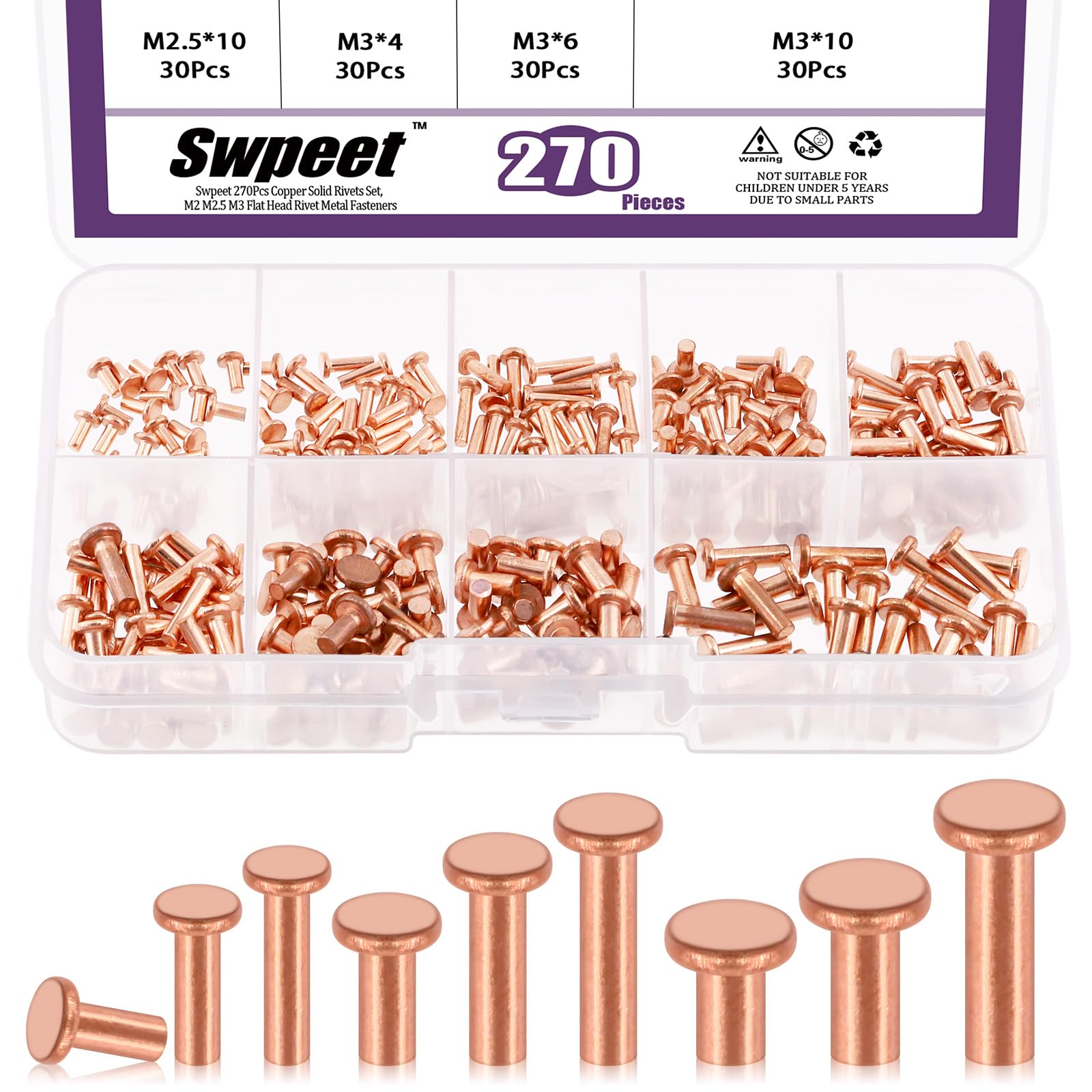 Swpeet 270Pcs Flat Head Copper Solid Rivet Metal Fasteners Set, Copper Solid Rivets Rivet Fastener Ideal for Electrical Applications Belts Wallets Collars Leather DIY Craft Supplies