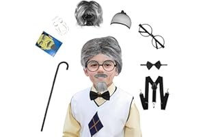 LFDAVP Old Man Wig for Boy, Grandpa Costume with Grey Mustache for Kids, 100th Day Of School Dress Up Accessories 9pcs (Gray)