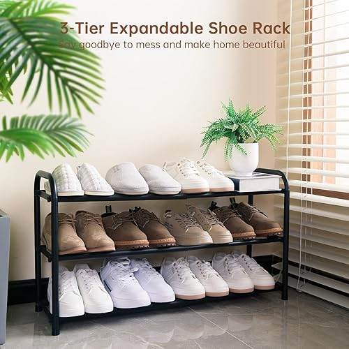 Gonfoam 3-Tier Expandable Shoe Rack,Adjustable Shoe Shelf Storage Organizer  Heavy Duty Metal Free Standing Sho