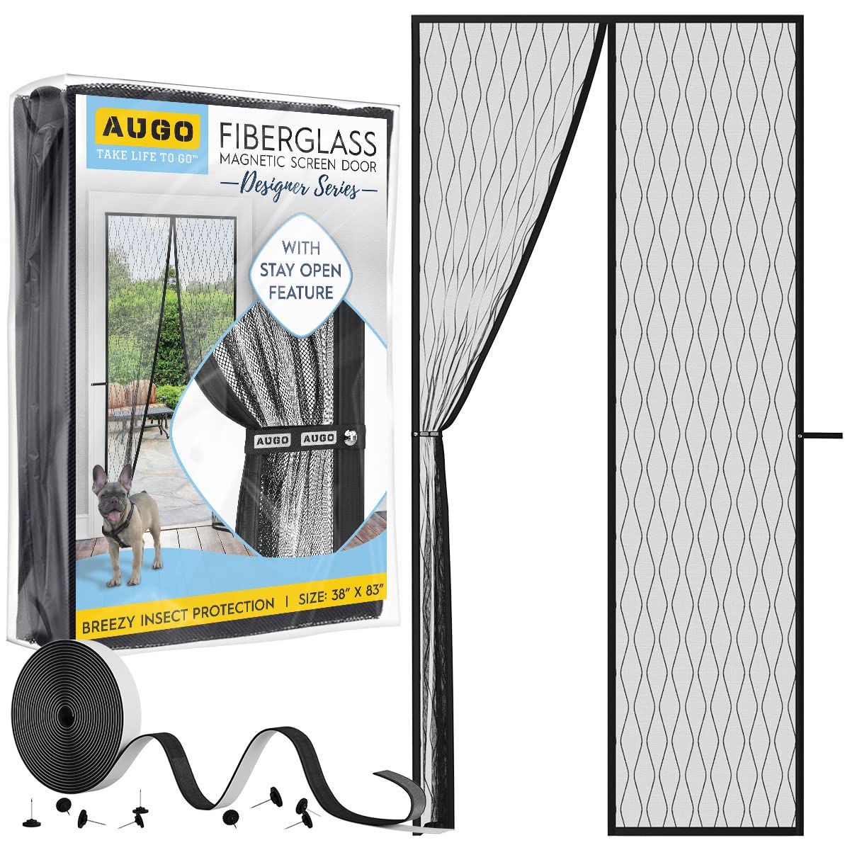 AUGO Designed Fiberglass Magnetic Fly Screen Door - Self Sealing, Heavy Duty, Hands Free Mesh Net Partition Keeps Bugs Out - Pet and Kid Friendly - Patent Pending Keep Open Feature - 97 x 211cm