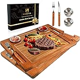 2 Set Acacia Wood Steak Plates Board Set for Eating, Meat Cutting Boards for Steak Food Serving Tray with Fork, Knife & Ramekins,Charcuterie Platter for Family Dinners, BBQ,Parties & Entertaining