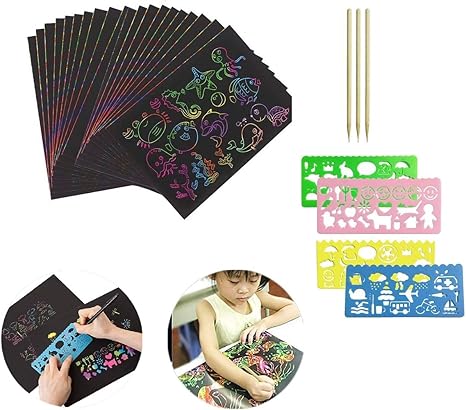 Amazon Co Jp スクラッチペーパー 塗り絵 サイズ 30枚セット スケッチブック 手作り絵画 子供 Diy 手作り 画用紙 画材 虹絵 絵の具 学童用品 スクラッチミニペン3本 テンプレート定規4枚 ホビー