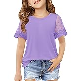 Haloumoning Girls Lace Short Sleeve T Shirts Kids Summer Crewneck Tunic Tops Curved Hem 5-14 Years