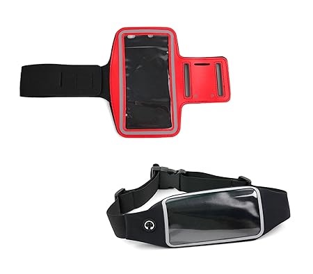 DURAGADGET 2 in 1: Armband-Halter mit kapazitiver Smartphone-Hülle (ROT) und Outdoor-Tasche für Gürtel & Hüfte – geeignet für