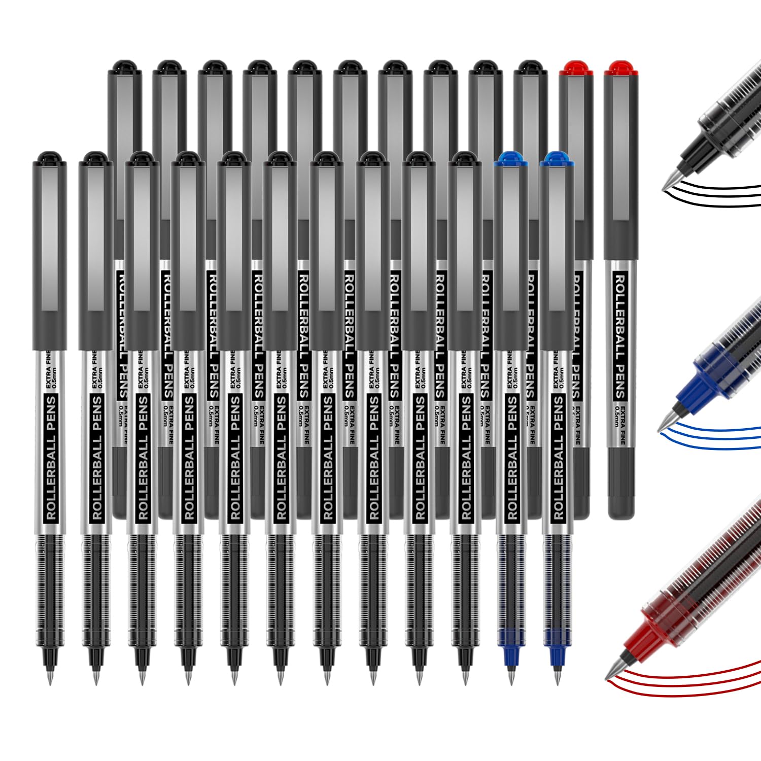 Shuttle Art Rollerball Pens, 25 Pack (21 Black, 2 Blue, 2 Red) 0.5mm Liquid Ink Pens, Quick Drying & Long Lasting Extra Fine Point Pens for Writing, Journaling, Notes Taking School Office Supplies