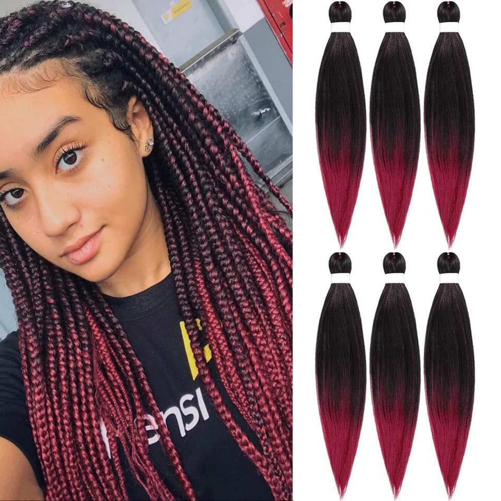 DT CHERYL Pre Stretched Braiding Hair, 6 Pack Red Braided Hair extension 26 inches Synthetic EZ Braid Hot Water Styling Braid Yaki Texture Pre-stretched Hair for Braiding Braids T1B/900