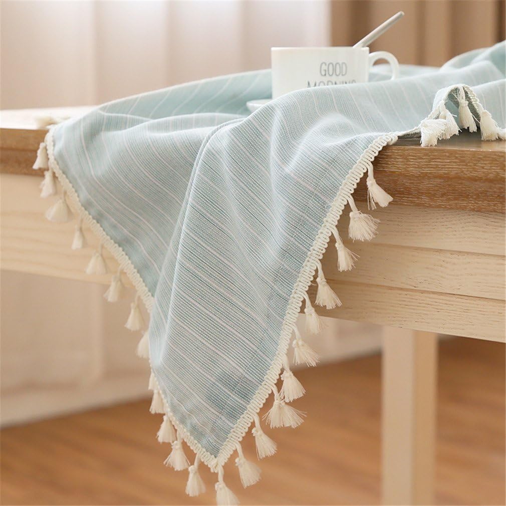 LUCKYHOUSEHOME Green and White Stripe Tassel Tablecloth Cotton Linen Rural Small Home Kitchen Dinning Tabletop Table Cover 39 x 55 Inch