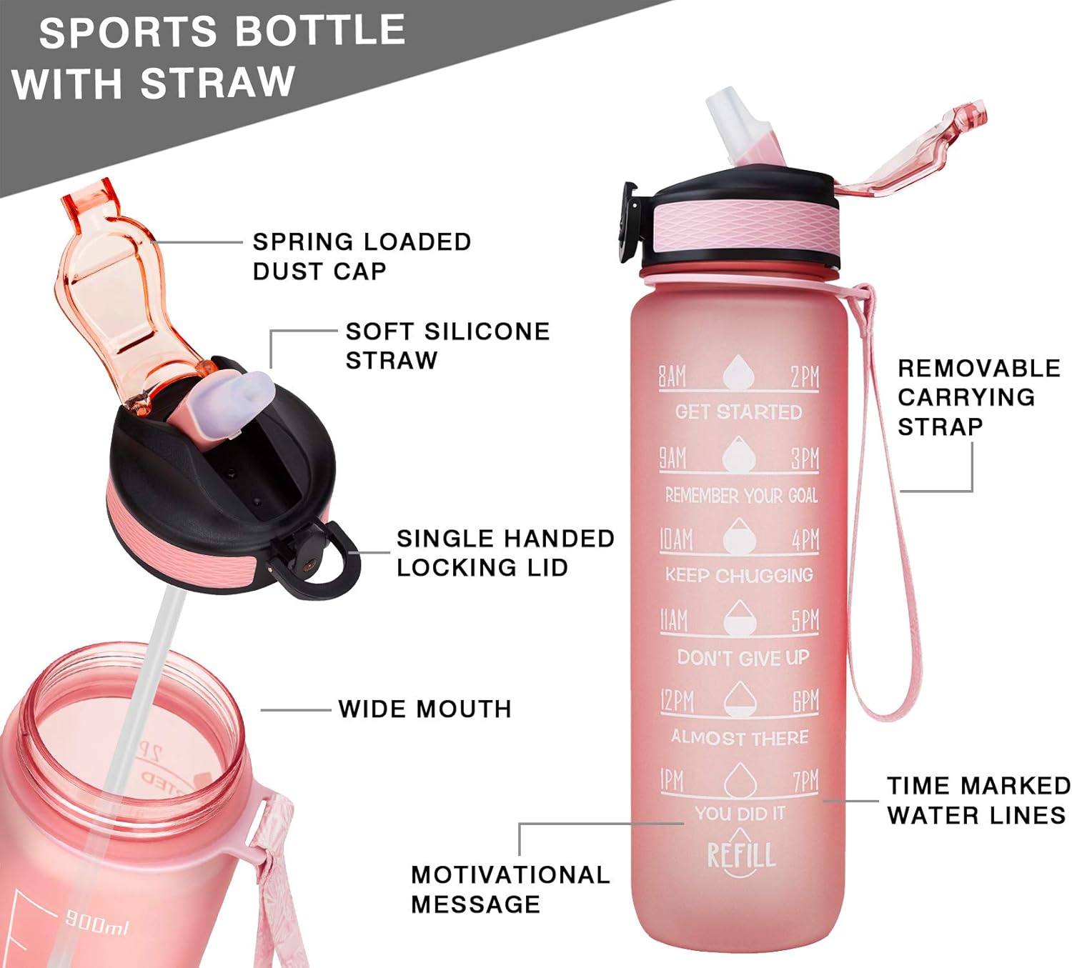 Giotto 32oz Large Leakproof BPA Free Drinking Water Bottle with Time Marker & Straw to Ensure You Drink Enough Water Throughout The Day for Fitness and Outdoor Enthusiasts-Light Pink : Sports & Outdoors