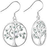 YL Tree Earrings Sterling Silver Tree of Life Hook Earrings Round Birthstone Dangle Drop Jewelry for Women