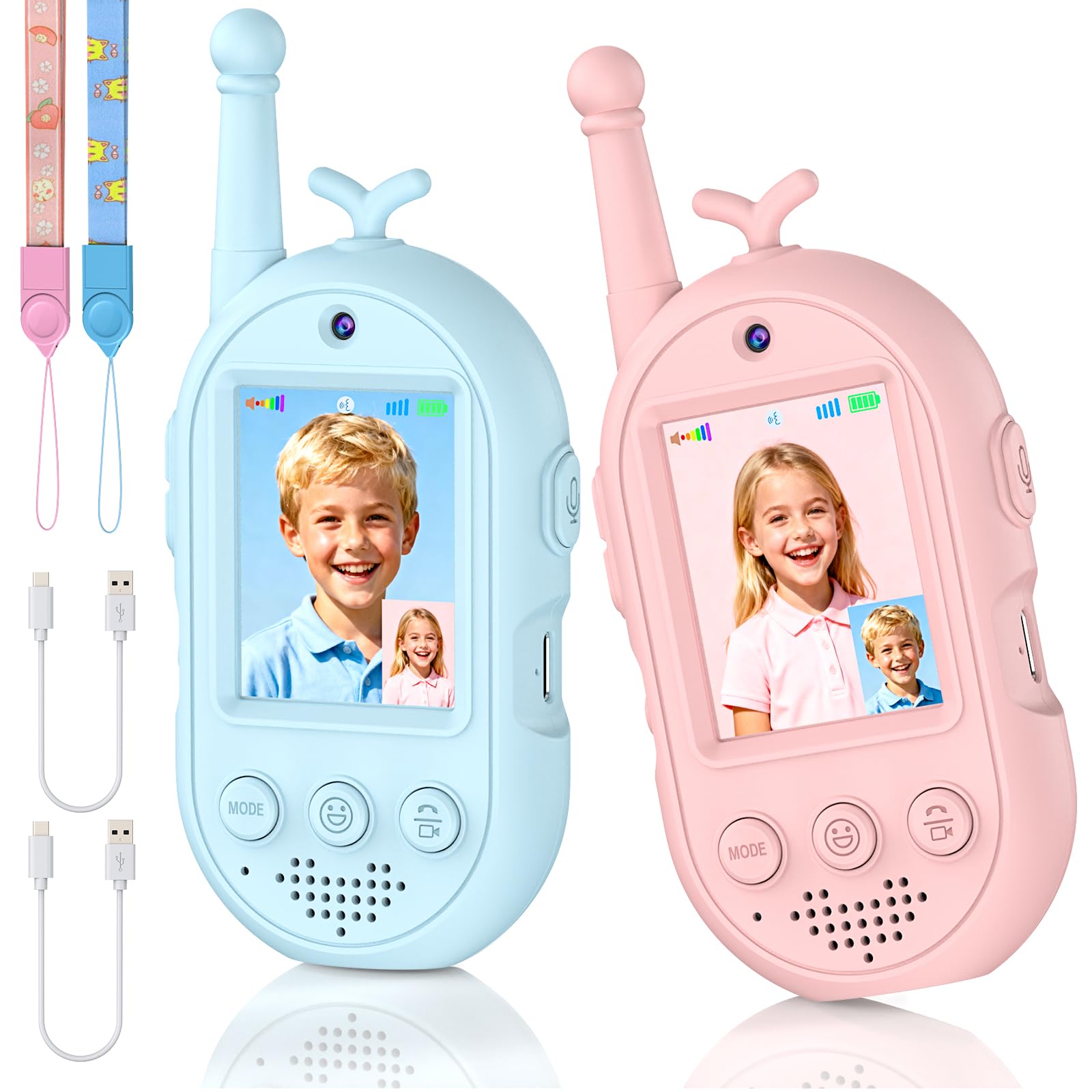 Photo 1 of Video Walkie Talkies for Kids - 2 Pack Rechargeable Kids Video Walkie Talkies with Voice Changer & Sticker Effect, Long Range Toys Indoor Outdoor, Birthday Gift for Boys Girls Ages 3-12 (Blue & Pink)