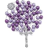 KOMI Catholic Rosary Beads for Women - Glass Pearl Beads Necklace with Saint Benedict Medal & Crucifix - Catolicos Rosary Gifts with Pouch