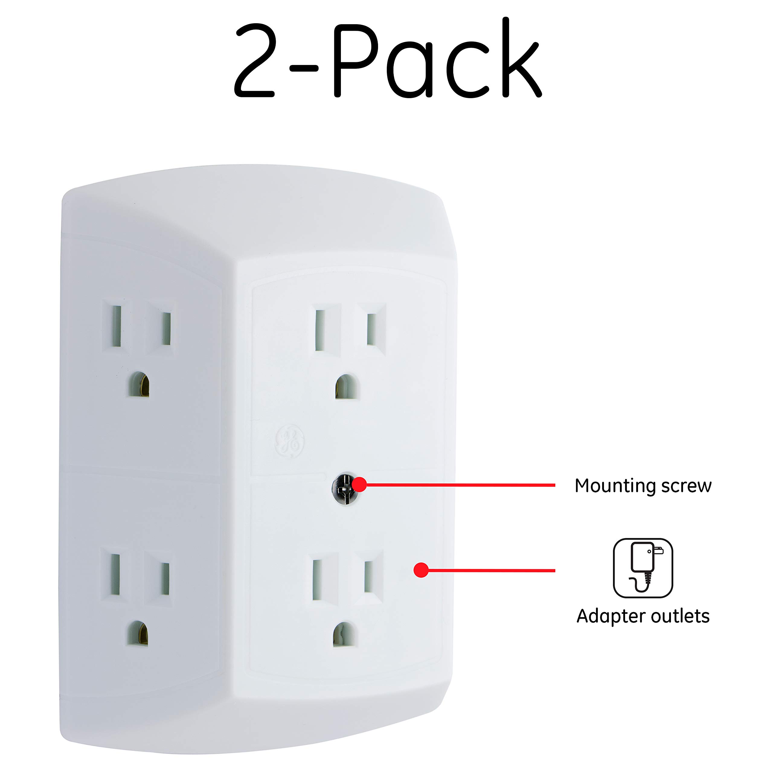 GE 6 Outlet Wall Plug Adapter Power Strip 2 Pack, Extra Wide Spaced