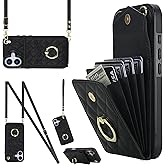 MRRSIWEI Crossbody Case for Apple 17 with Card Holder, PU Leather with Wallet Removable Lanyard Wrist Strap Kickstand Cover for Women Girls Case for iPhone 17.Lanyard Black