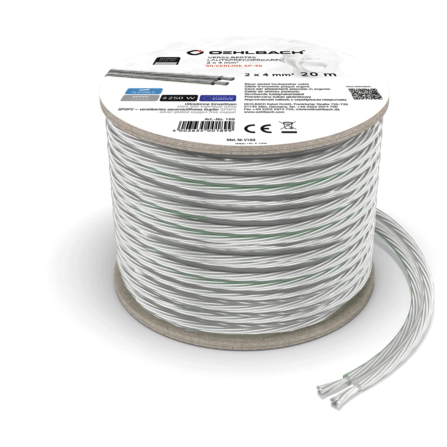 OEHLBACH Silverline SP-40 Stereo Hi-Fi Speaker Cable with SPOFC (Silver-Plated Copper) 2 x 4 mm² Mini Coil Speaker Cable 10 m