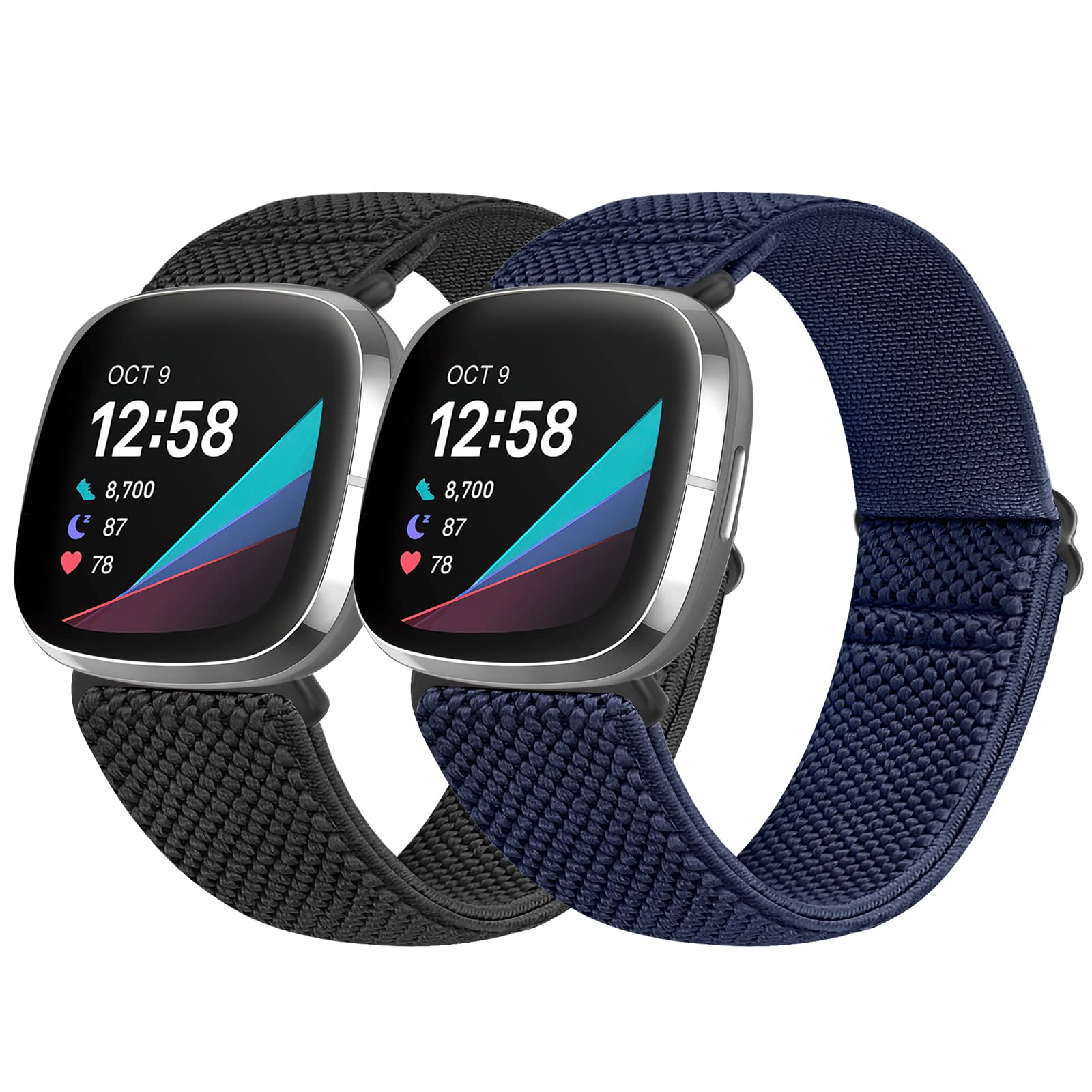 Vodtian Elastic Nylon Loop Straps Compatible with Fitbit Sense 2/Fitbit Sense/Fitbit Versa 4/Fitbit Versa 3 Strap, Adjustable Soft Stretchy Sport Braided Replacement Wristband for Men Women, 2 Pack