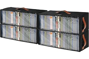 Frlanse 4 Pack CD Storage Box, Stackable CD Case Holder with Front Zippered Clear Window and Handles, 15.7 x 6.1 x 5.3 Inches Oxford Fabric CD Tower Rack, Holds Up to 148 CDs in Full Jewel Cases