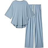 difficort Womens 2 Piece Outfits Batwing Short Sleeve Lounge Sets Wide Leg Workout Sets Loungewear Tracksuits with Pockets