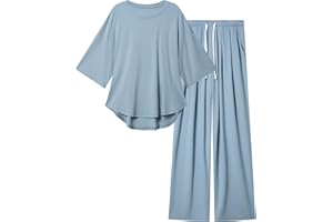 difficort Womens 2 Piece Outfits Batwing Short Sleeve Lounge Sets Wide Leg Workout Sets Loungewear Tracksuits with Pockets