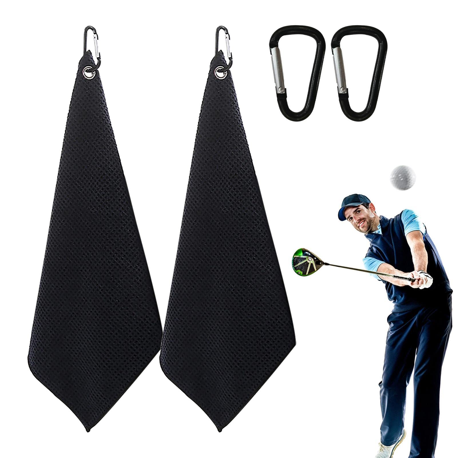 Hahhhha 2pcs Golf Towels, Microfiber Golf Cleaning Towels with Carabiner Clip, Multifunction Towels for Men Women Fitness Golf Bags Sport Outdoor Yoga (Black)