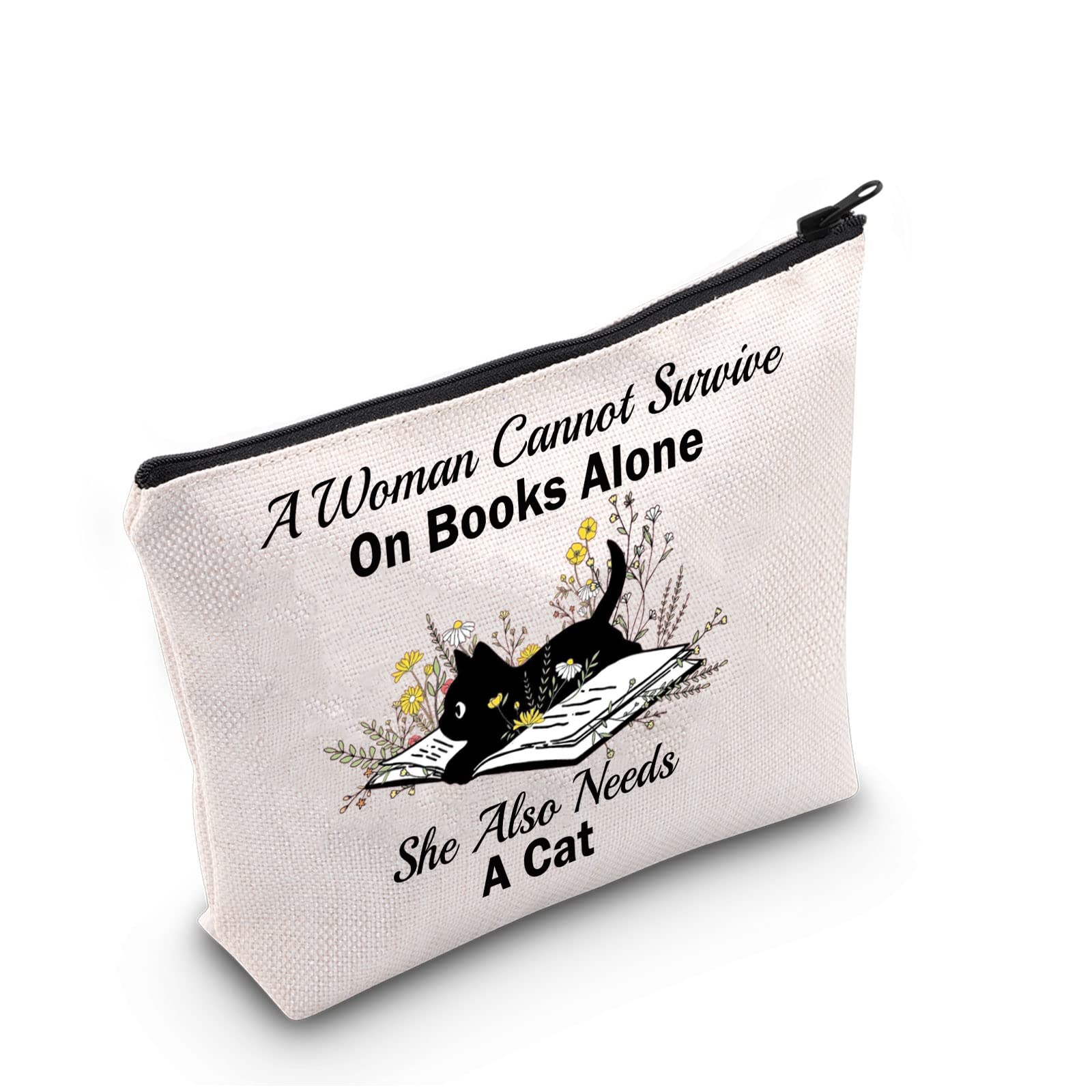 Book Lover Gift A Woman Cannot Survive On Books Alone Makeup Bag Cat Lover Cosmetic Bag Cat Kitty Mom Gift Bookish Zipper Travel Bag (A Woman Cannot Survive)