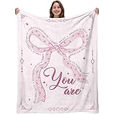RHONGE Christian Gifts for Women, Pink Bow Throw Blanket 50" X 60", God Gifts for Valentines Day, Pink Bow Present, Jesus Lovers Blanket, Christian Blanket Present