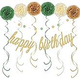 KOKAR Gold Sage Green Happy Birthday Decorations – Gold Happy Birthday Banner, Paper Pom Poms, Hanging Swirls and Glitter Circle Dots Garland for Birthday Party Decorations