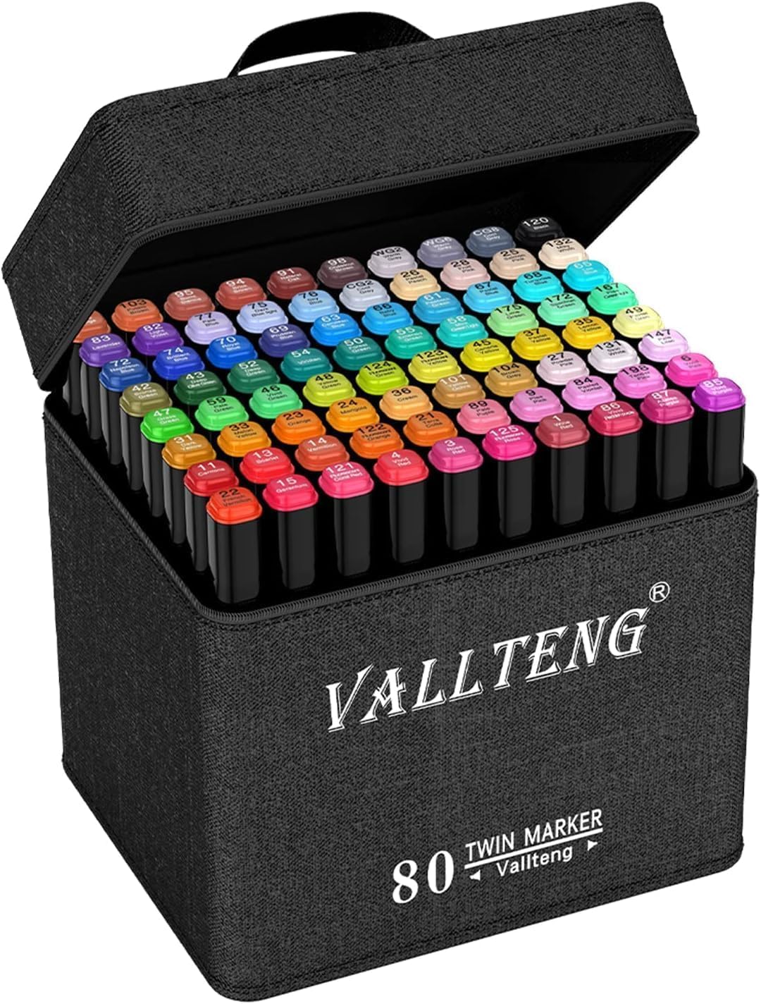 Vallteng 80 Colours Permanent Art Markers Twin Marker Pen Broad Fine Point Black Animation Design for Drawing Coloring with Black Bag