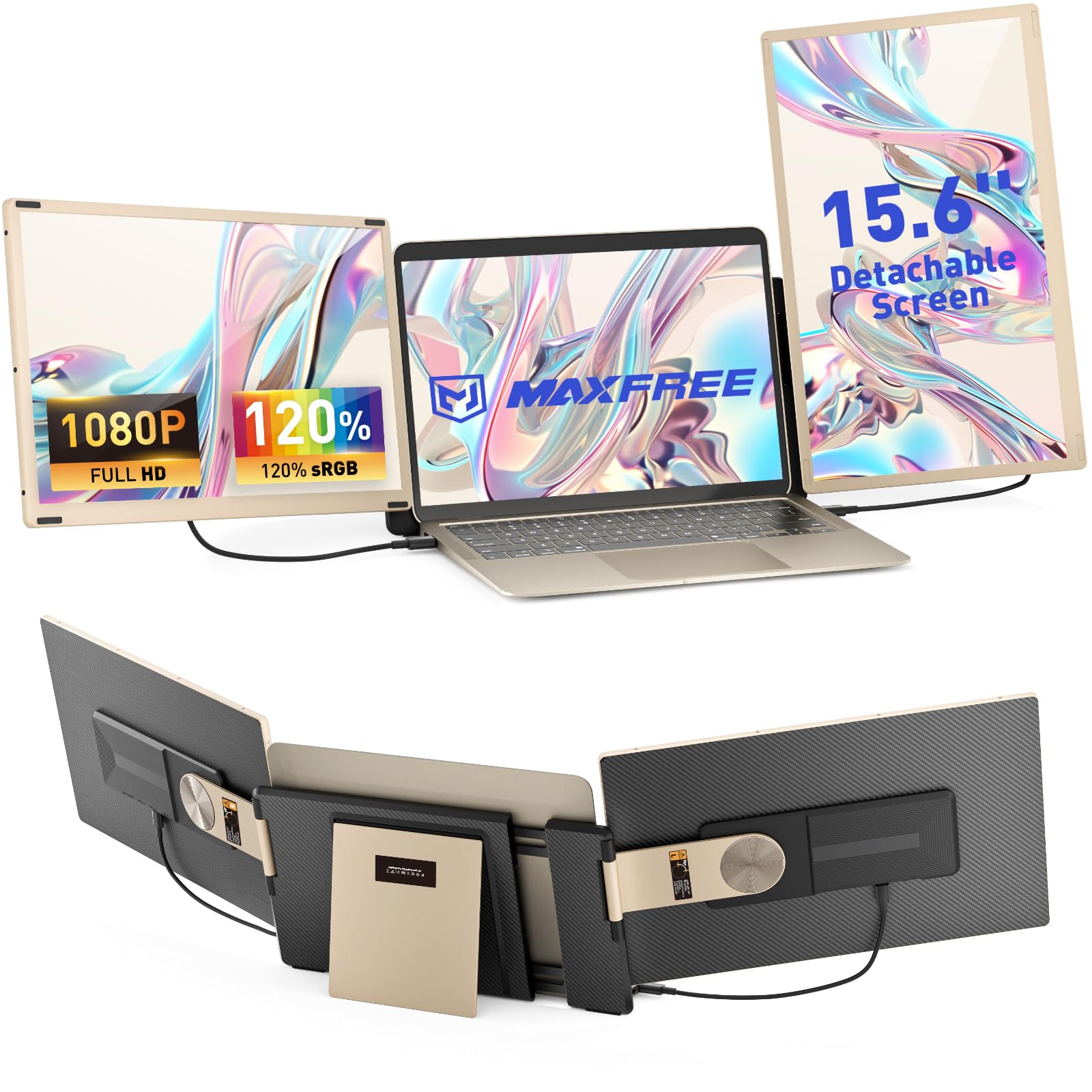 Photo 1 of Maxfree S6 Laptop Screen Extender, 15.6'' 1080P Monitor Extender, 11 Display Modes, Plug & Play, Detachable Screen Triple Monitor for Laptop 13"-17.3", Compatible with Mac/Windows/Android/Switch, Gold