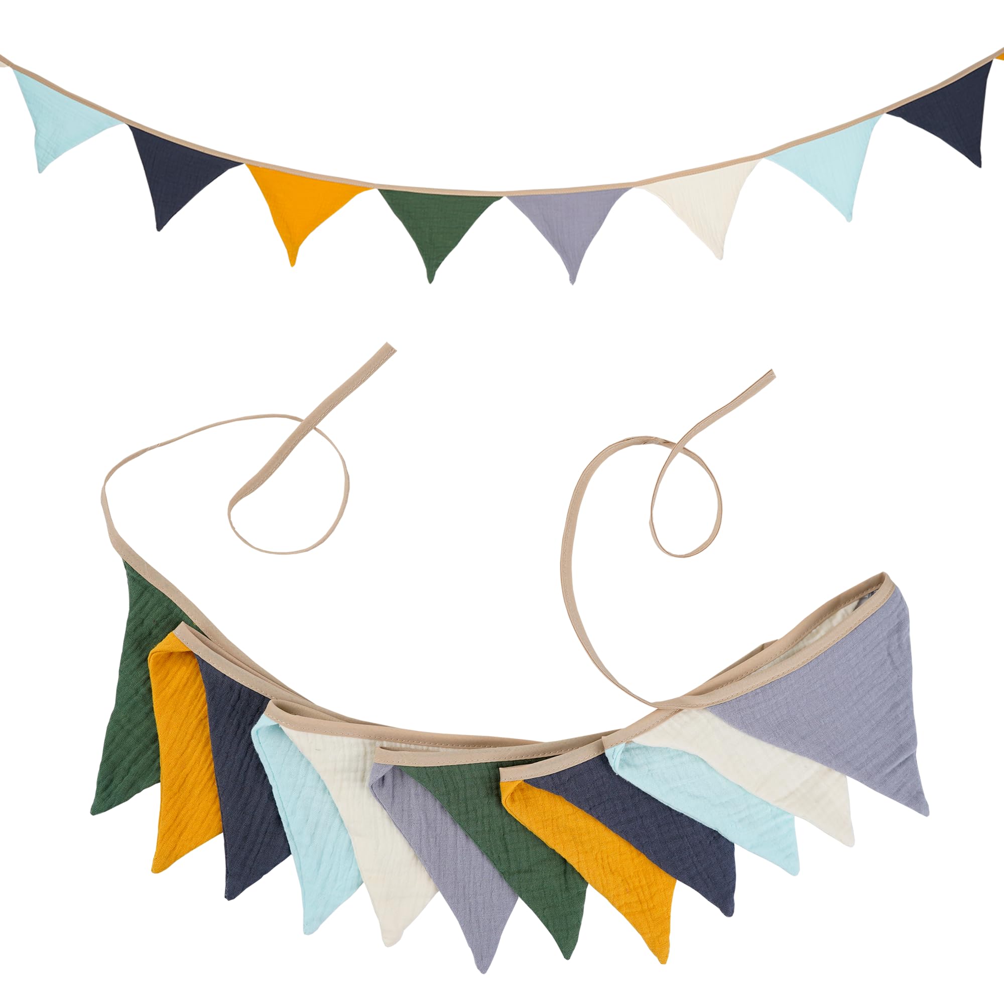 G2PLUS Muslin Fabric Bunting for Nursery: 12PCS Double Side Cloth Triangle Banner, Colorful Cotton Bunting Banner for Baby Room, Nursery, Baby Shower Decor, 2.8m