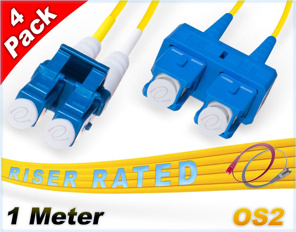 FiberCablesDirect 4Pk 1M OS2 LC SC Single Mode Fiber Patch Cables - 4 Pack | Duplex 9/125 LC to SC Singlemode Jumper Cord 1 Meter (3.28ft) | Pack Options: 2, 4, 6, 10, 12, 24 | pvc sm patch-cord lc-sc
