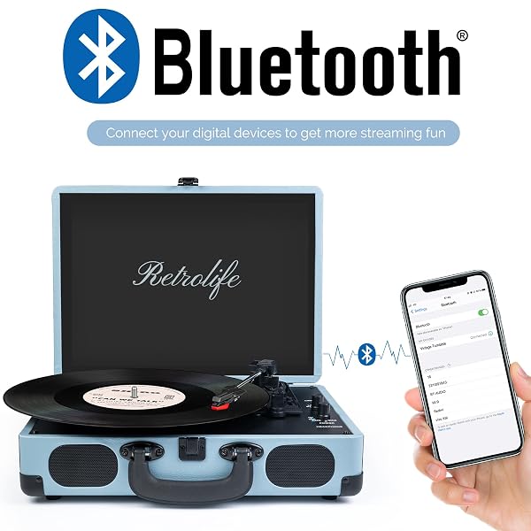 PORTABLE SUITCASE RECORD PLAYER, 3-SPEED BELT-DRIVEN VINYL TURNTABLE WITH BLUETOOTH, BUILT-IN SPEAKERS, RCA LINE OUT, AUX, HEADPHONE JACK, VINTAGE HAZE BLUE