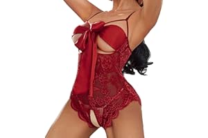 HIBANIL Lingerie For Women Open Crotch, One Piece Floral Lace Bodysuit Nightie Sexy Bowknot Teddy Babydoll Underwear