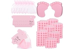 YUUCHORINGEE 60 Sets Baby Shower Favors,Baby Feet Scented Soap Party Favors for Guests Gifts,Scented Soap with Organza Bags and Thanks Tags,Wedding Return Gifts Gender Reveal Prizes Babys Shower Souvenirs (Pink)
