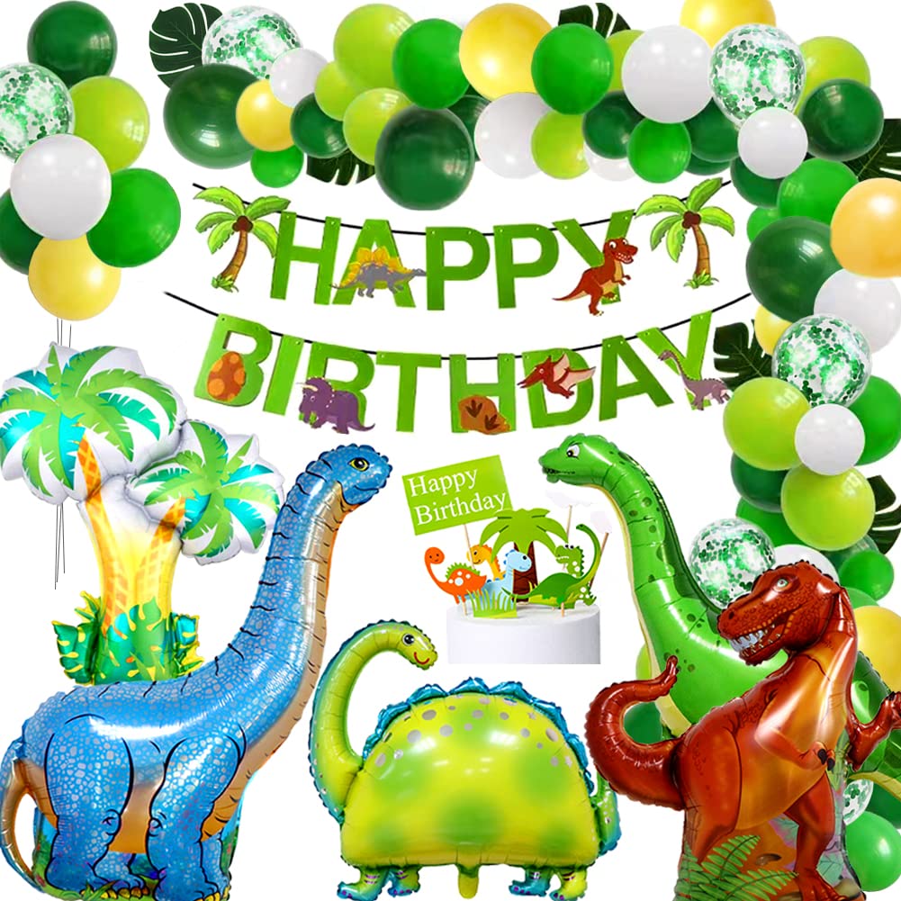 Dinosaur Birthday Party Decorations - Happy Banner and Balloon Set, Foil Balloon Arch Kit, Cake Toppers for Boys Girls, Jungle Safari Green Party Supplies