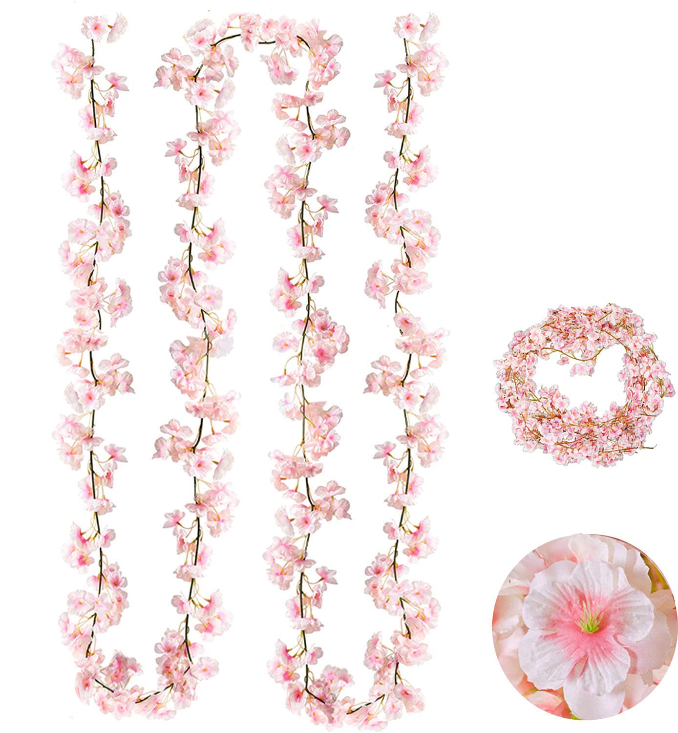 Qune 4 Pack Artificial Cherry Blossom Wall Hanging Cherry Vine Silk Floral Garland Flowers String Fake Flower Hanging Garland for Wedding Indoor Outdoor Fireplace Wall Home Garden Party Decoration