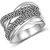 Mytys Statement Ring Art Deco Vintage Black Crystal Rhinestone Ring, Gothic Chunky Wide Band Cocktail Ring Silver Plated Women Fashion Jewelry