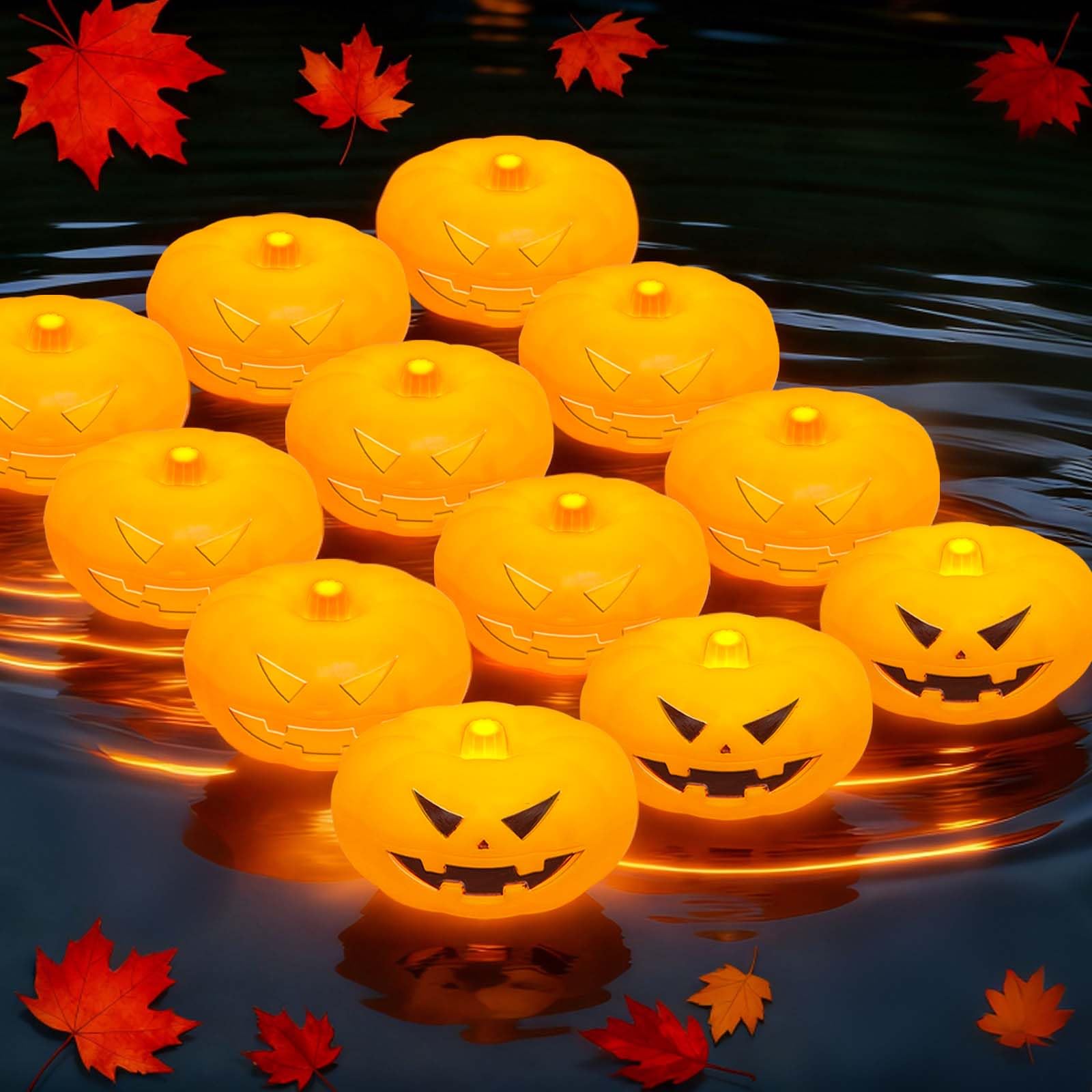 Photo 1 of 12pcs Thanksgiving Pumpkin Lights Floating Candles, Water-Activated 2.3" Flameless LED Candle, 150 Hour+ Battery Operate Waterproof Candle for Pool/Bathtub//Wedding Centerpiece Thanksgiving Decor