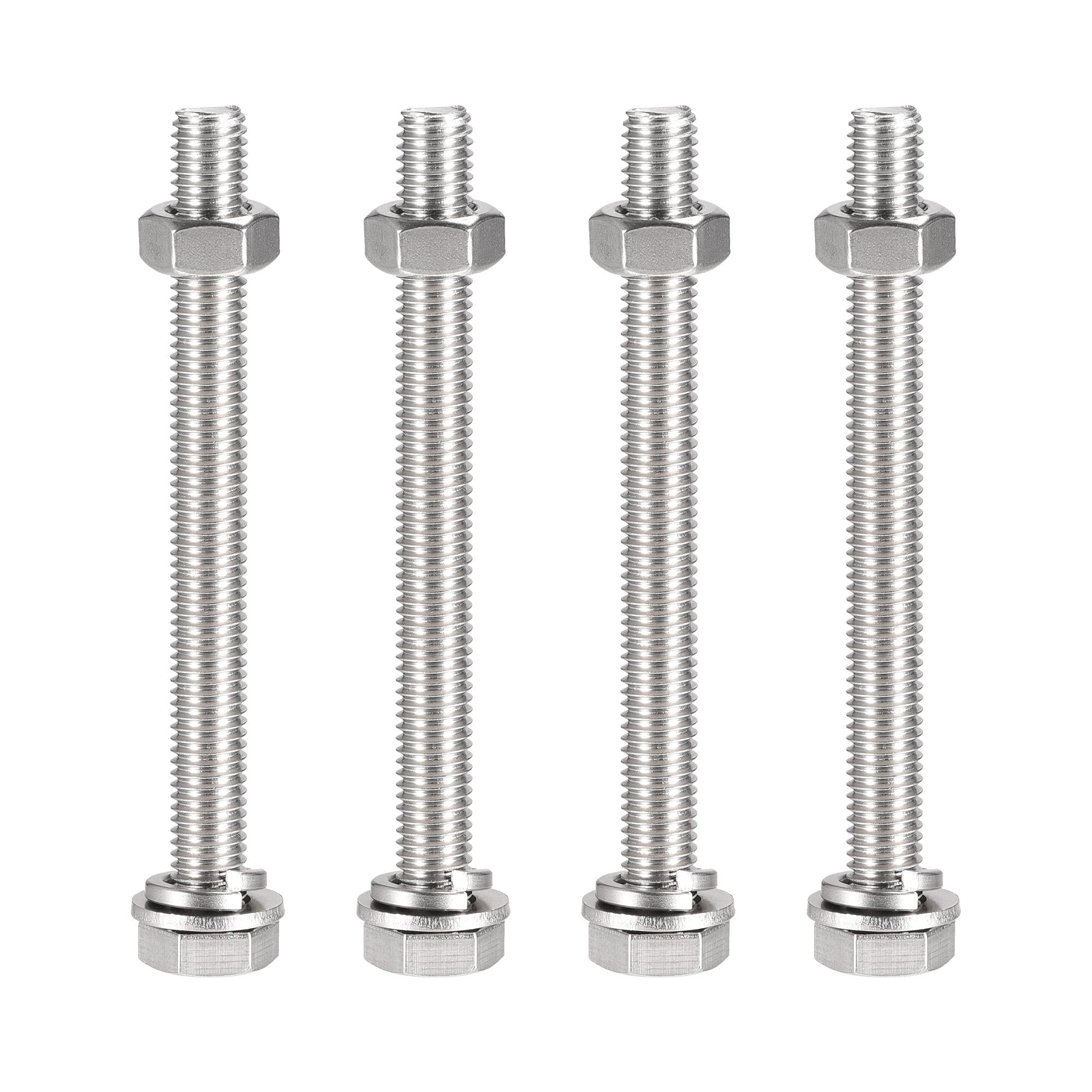 sourcing map M10 x 110mm Hex Head Screws Bolts, Nuts, Flat & Lock Washers Kits, 304 Stainless Steel Fully Thread Hexagon Bolts 4 Sets