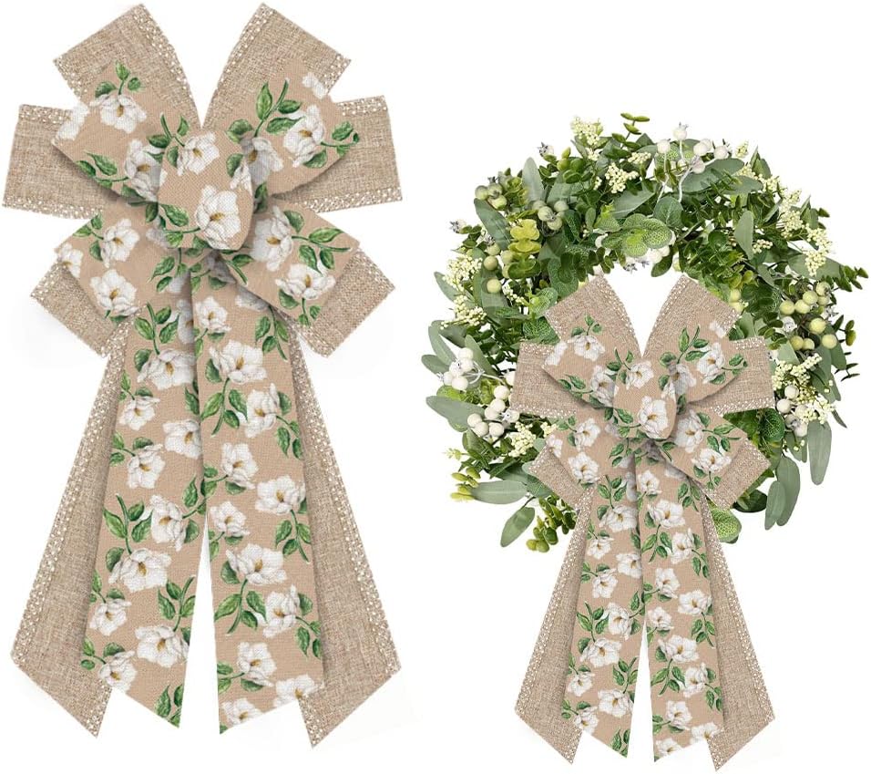 Bows & Ribbons - ALIBBON Large Spring Bows for Wreaths, Spring Wreath Bows, Magnolia Bows for Crafts, Spring Decor, Camellia White Flower Flaxen Bows for Wreath Indoor Outdoor Window Decorations