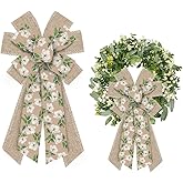 ALIBBON Large Spring Bows for Wreaths, Spring Wreath Bows, Magnolia Bows for Crafts, Spring Decor, Camellia White Flower Flaxen Bows for Wreath Indoor Outdoor Window Decorations
