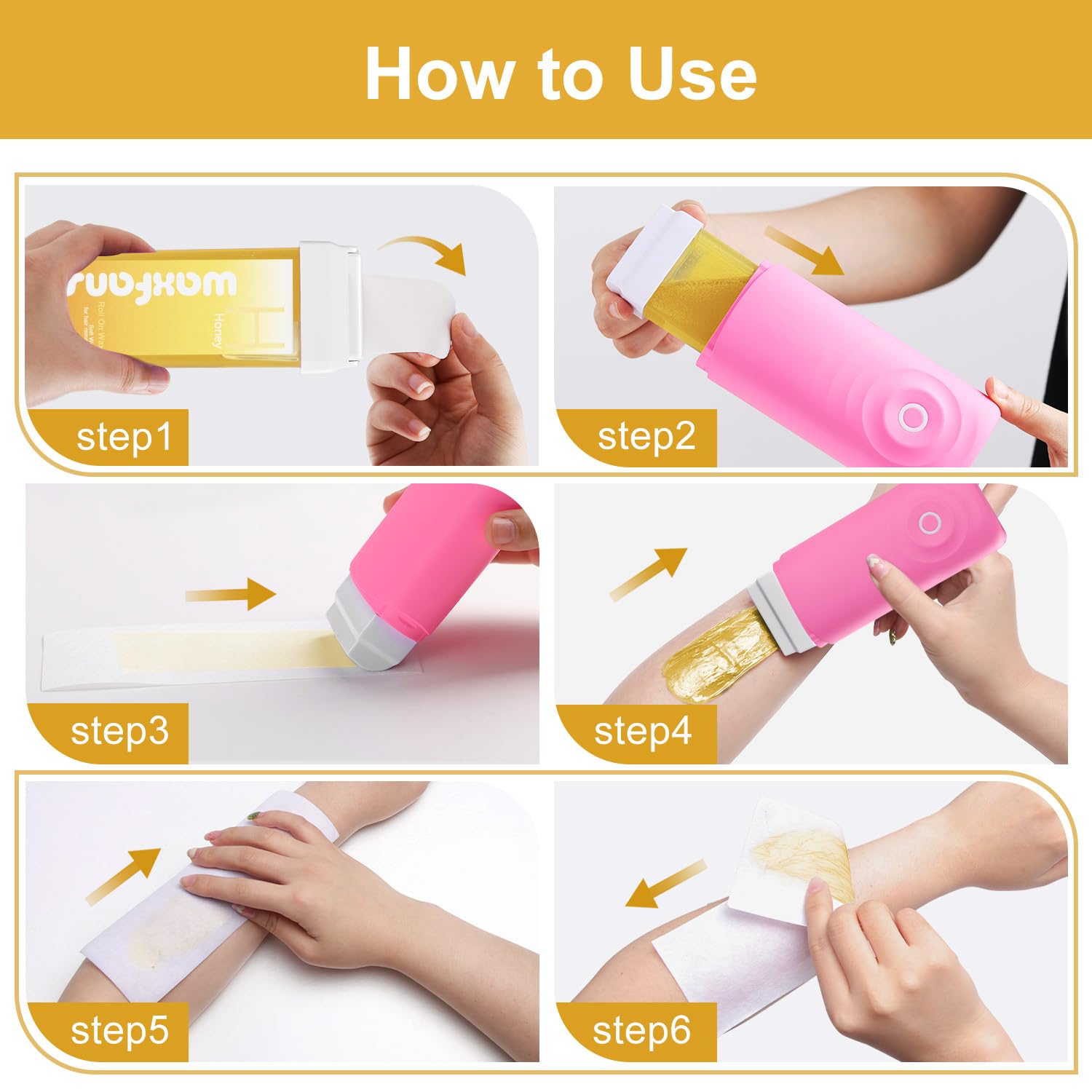 Roll On Wax Refill,Waxing Roller Refill for Hair Removal,100% Natural,Quick Melting - For Coarse and Fine Hairs.with 3.53 Ounce(Pack of 4) Honey Wax Rollers, 50 Strips (Honey)